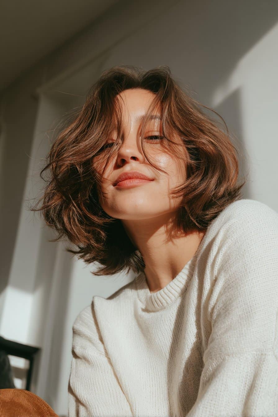 Young woman in her 20s with fine thin hair in a layered choppy bob, airy movement, flowy neutral outfit, cozy indoor window setting.