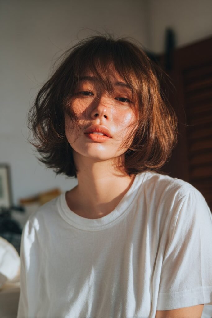 A fashionable woman with thin fine hair styled into a choppy lob with feathered bangs, wearing a white T-shirt, posing in a softly lit bedroom setting.