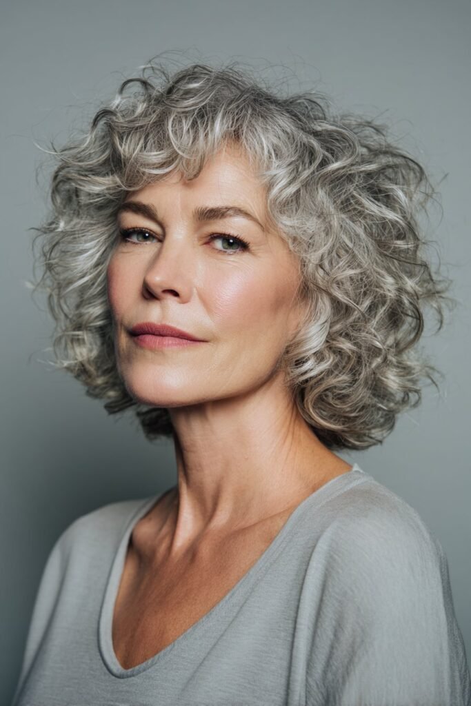 A woman over 50 with a choppy shag and curls posing photographed indoors in an art gallery with minimal silver walls.