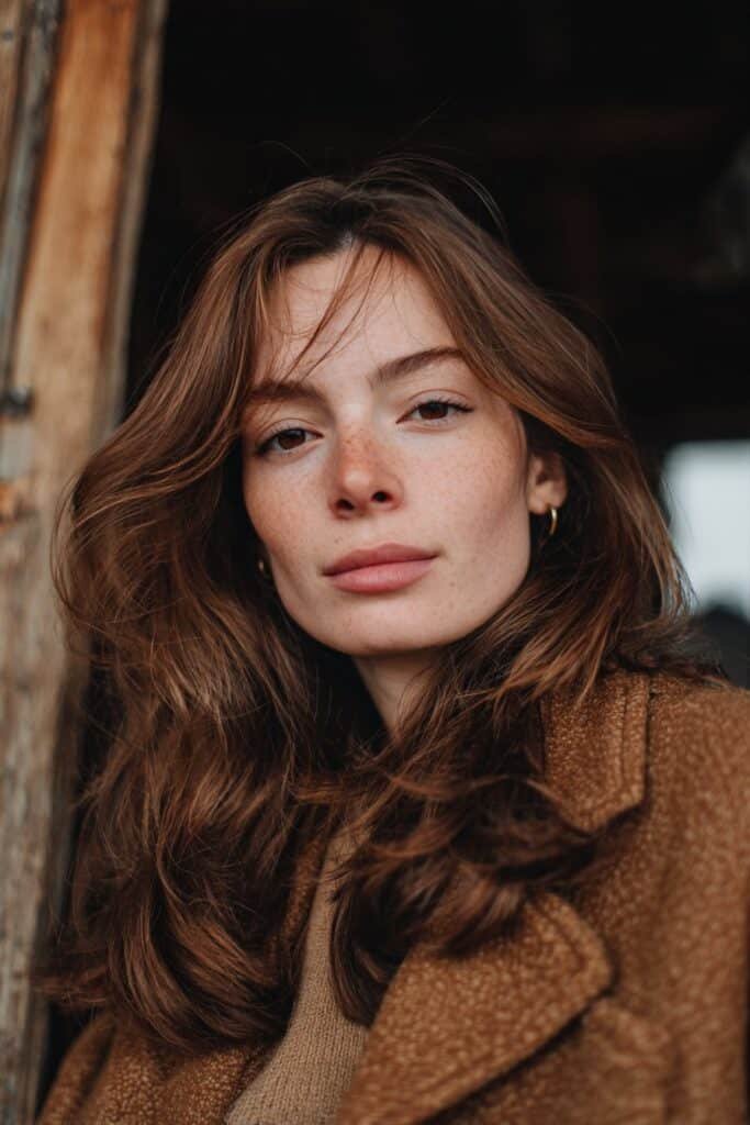 Woman in her 20s with cider brown hair, warm amber-brown tones styled in soft layers inside a cozy cabin-style space.