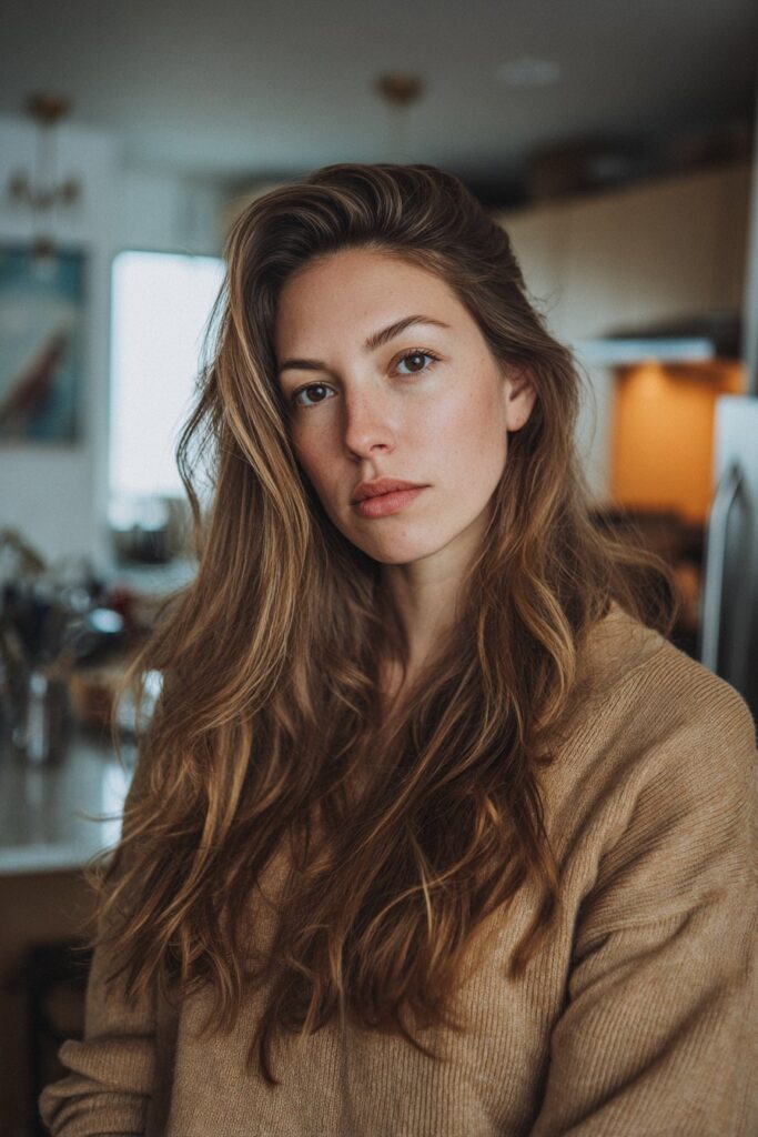 Young woman featuring cinnamon brunette hair, warm brown shades with subtle spicy highlights in an upscale kitchen interior.