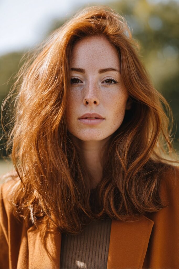 Chest-up front-facing image of a woman in her 20s showcasing cinnamon copper hair with rich warm tones in an autumn-inspired outdoor setting.