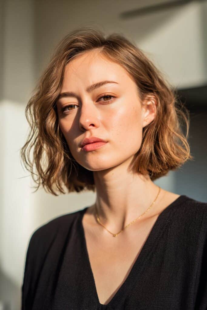 Young woman with thin fine wavy hair in a classic blunt bob with subtle waves inside a modern living room.
