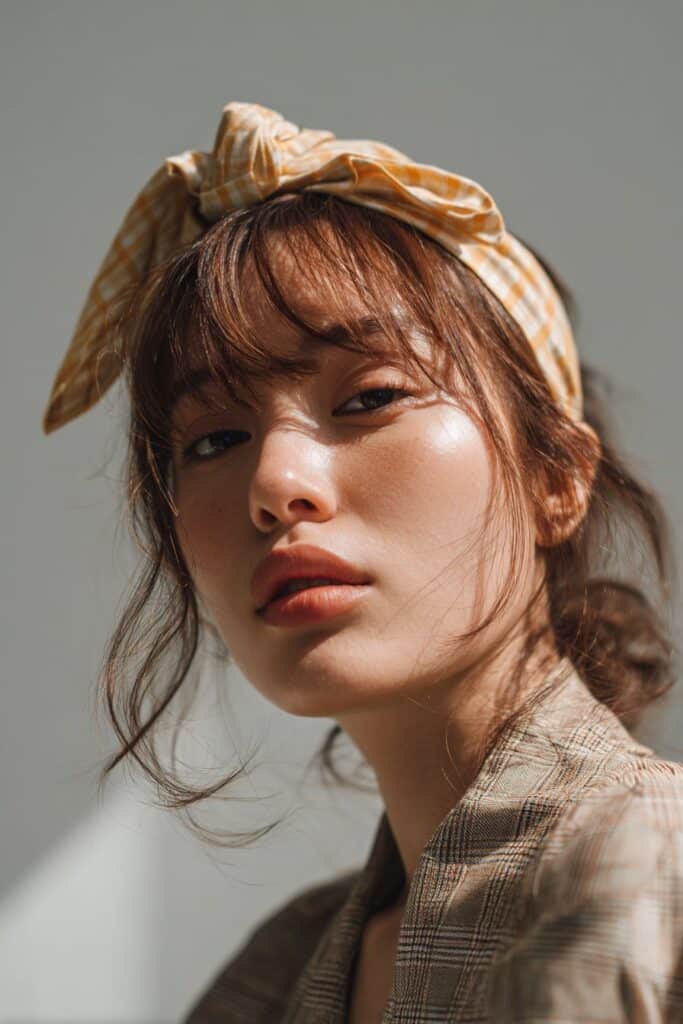 A close-up photo of a young elegant American woman with soft curtain bangs held back by a classic cloth headband, featuring realistic hair texture under soft natural lighting, subtle makeup, warm skin tone, confident expression, fully clothed in a chic outfit, in an Instagram-style beauty shot – headband with bangs series.