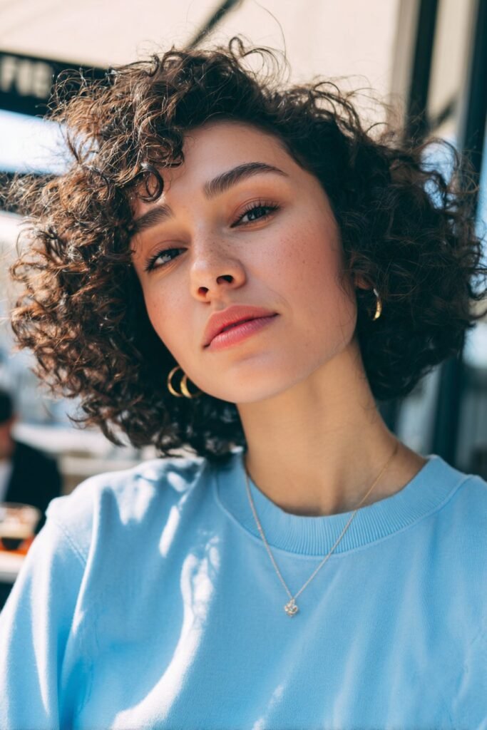 Young woman in her 20s with fine thin curly hair styled in a classic curly bob, pastel outfit, sitting at an outdoor garden café.