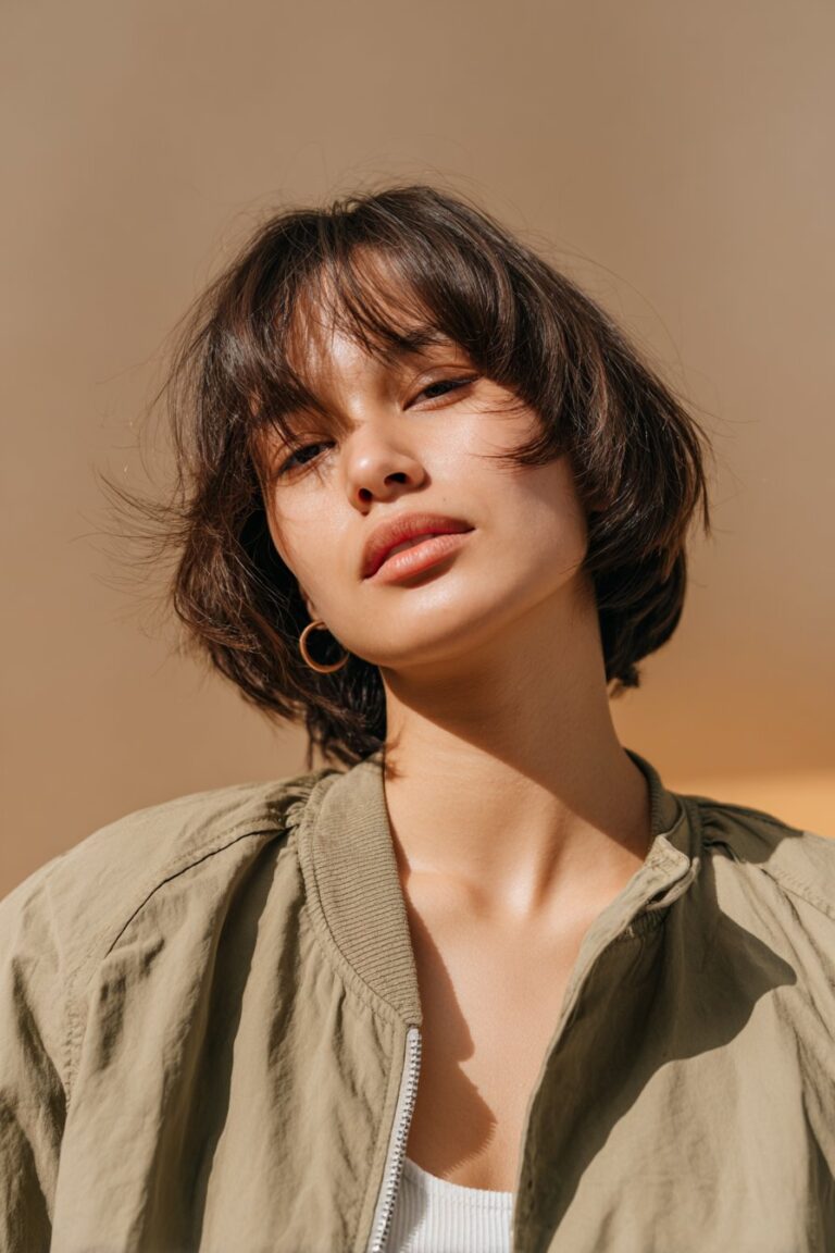 A young woman with thin fine hair styled in classic curtain bangs, photographed in a soft pastel gradient studio backdrop.