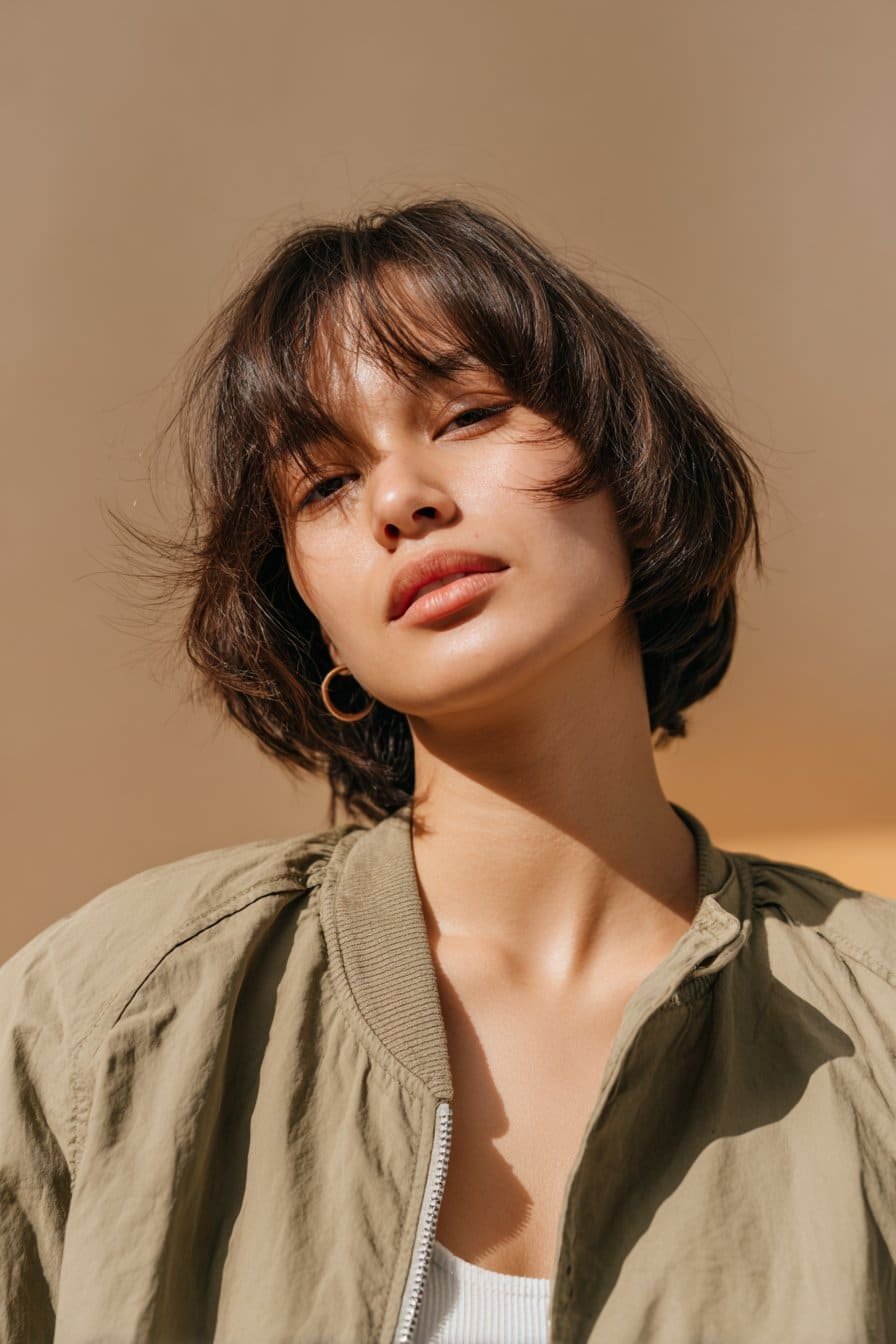 A young woman with thin fine hair styled in classic curtain bangs, photographed in a soft pastel gradient studio backdrop.