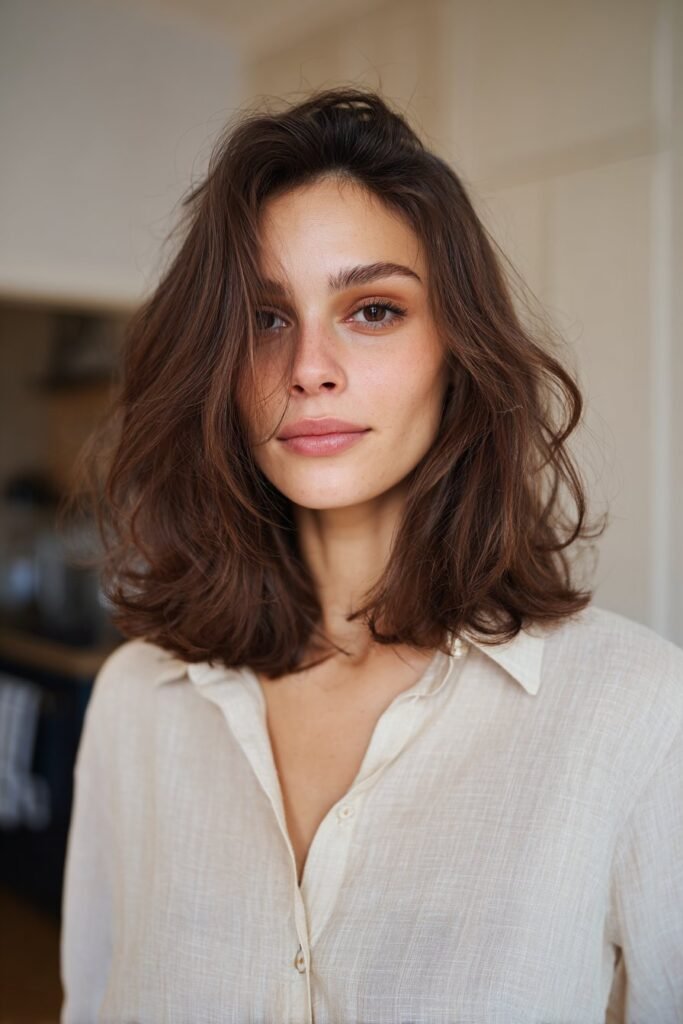 Front-view image of a woman in her 20s wearing a classic layered lob haircut that adds subtle volume and structure to fine hair.