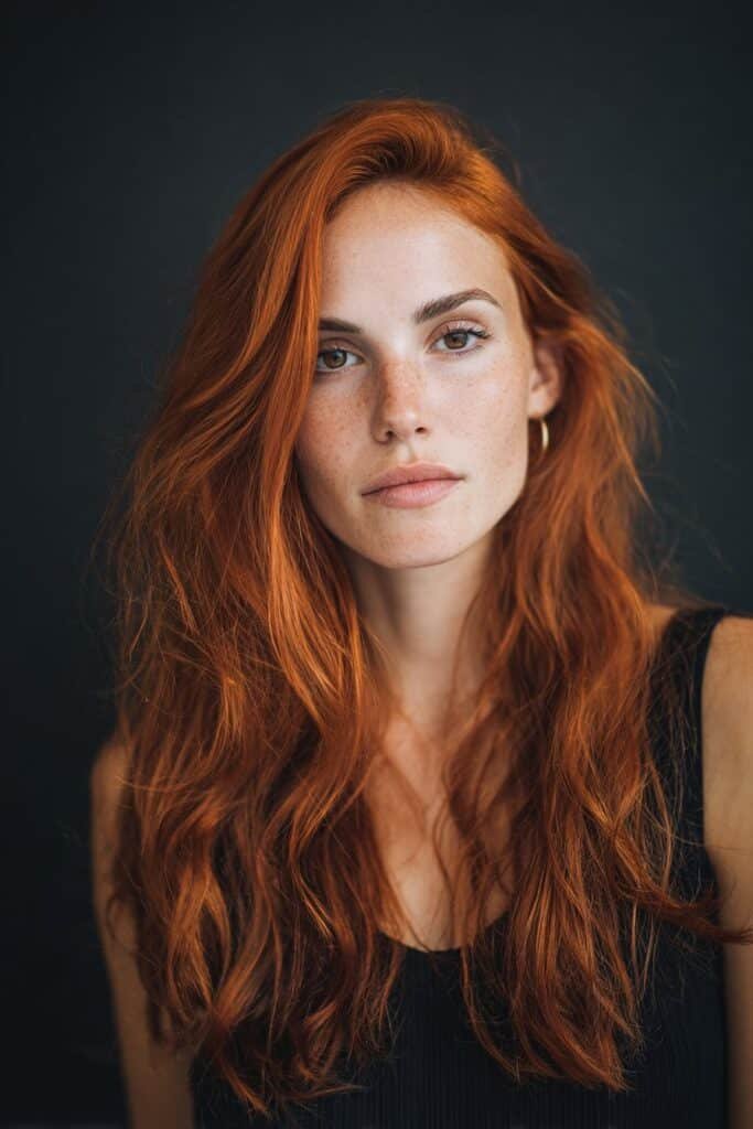 Chest-up front view of a woman in her 20s with classic scarlet red hair, highlighting even color saturation in a vintage-inspired studio.