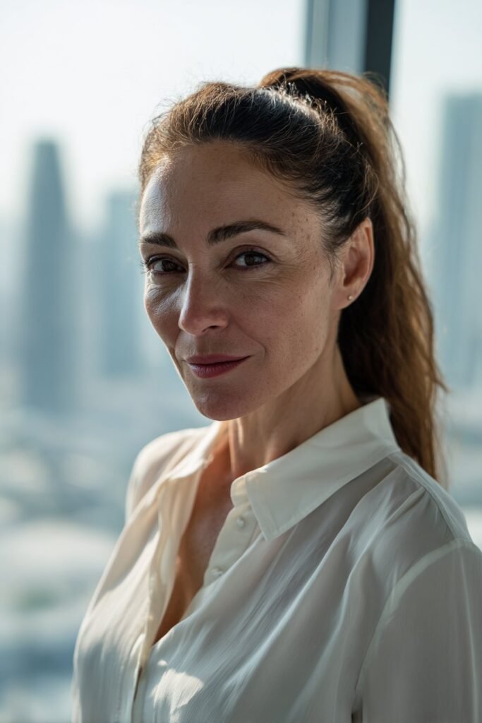 Confident woman in her 40s with a classic sleek ponytail in brunette shine, posed in a modern office – ponytail hairstyles for women over 40 series.
