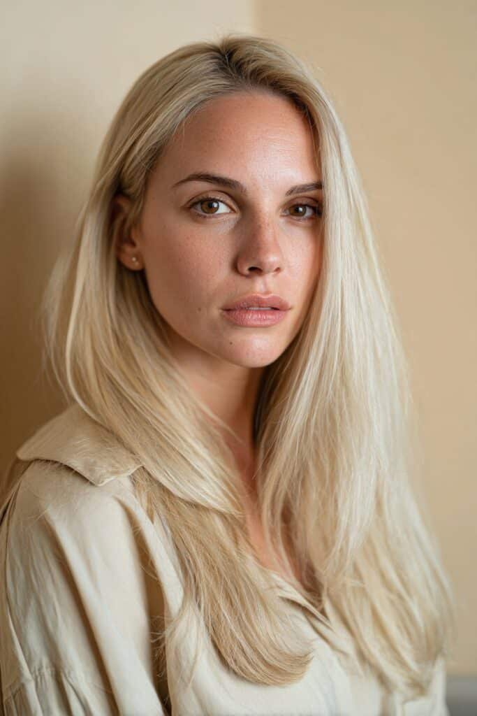 Woman in her 20s with classic vanilla blonde hair, smooth and softly warm blonde tones, photographed in a bright modern living room.