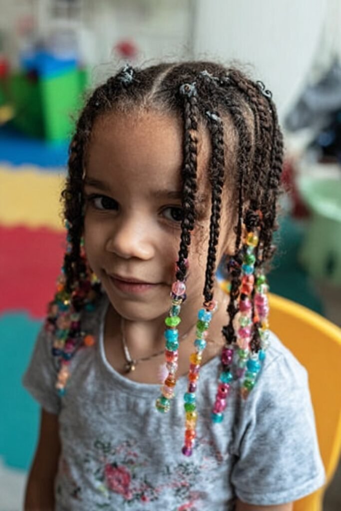Little girl wearing braids decorated with colorful beads attached along the braid lengths in a bright playroom.