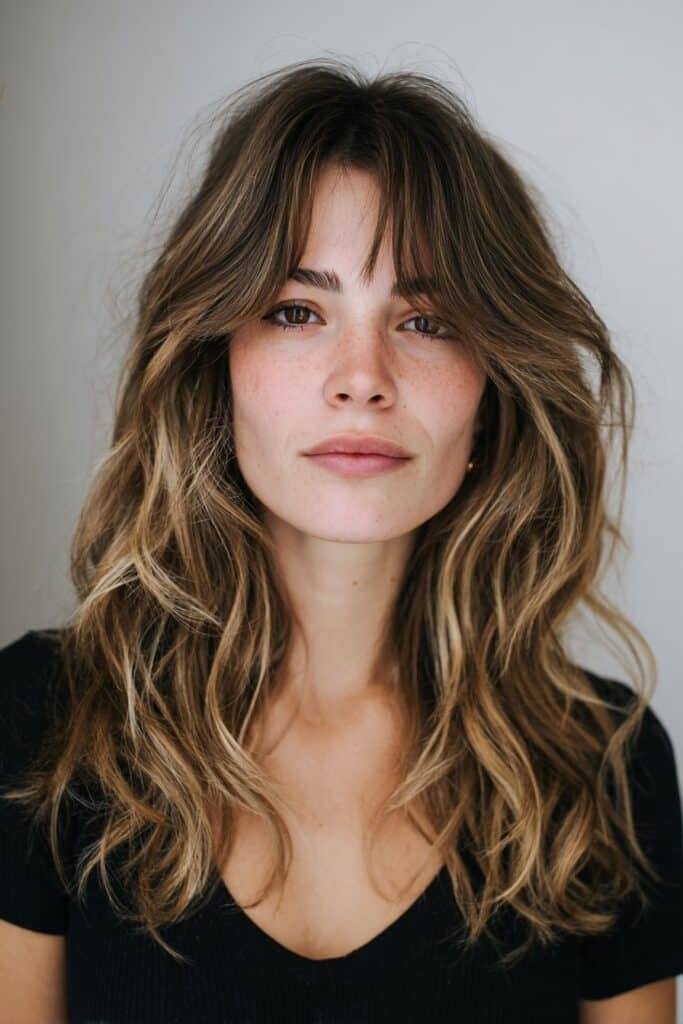 Chest-up front-facing image of a woman in her 20s with cool-toned babylights blended seamlessly through her hair in a bright minimalist interior.