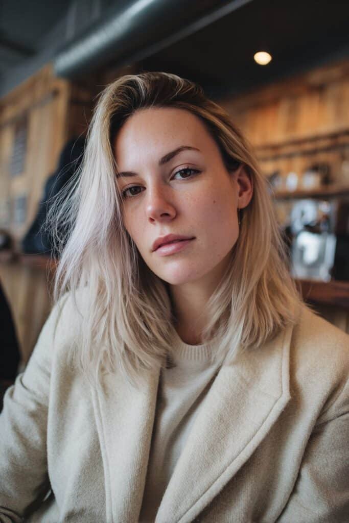 Young woman featuring a cool beige icy blonde blend, neutral-toned hair styled naturally in a boutique coffee shop.