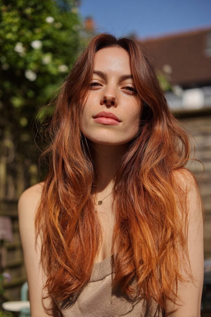 Chest-up front-facing image of a woman in her 20s showcasing a copper red melt with seamless color blending, photographed in a sunlit garden terrace.