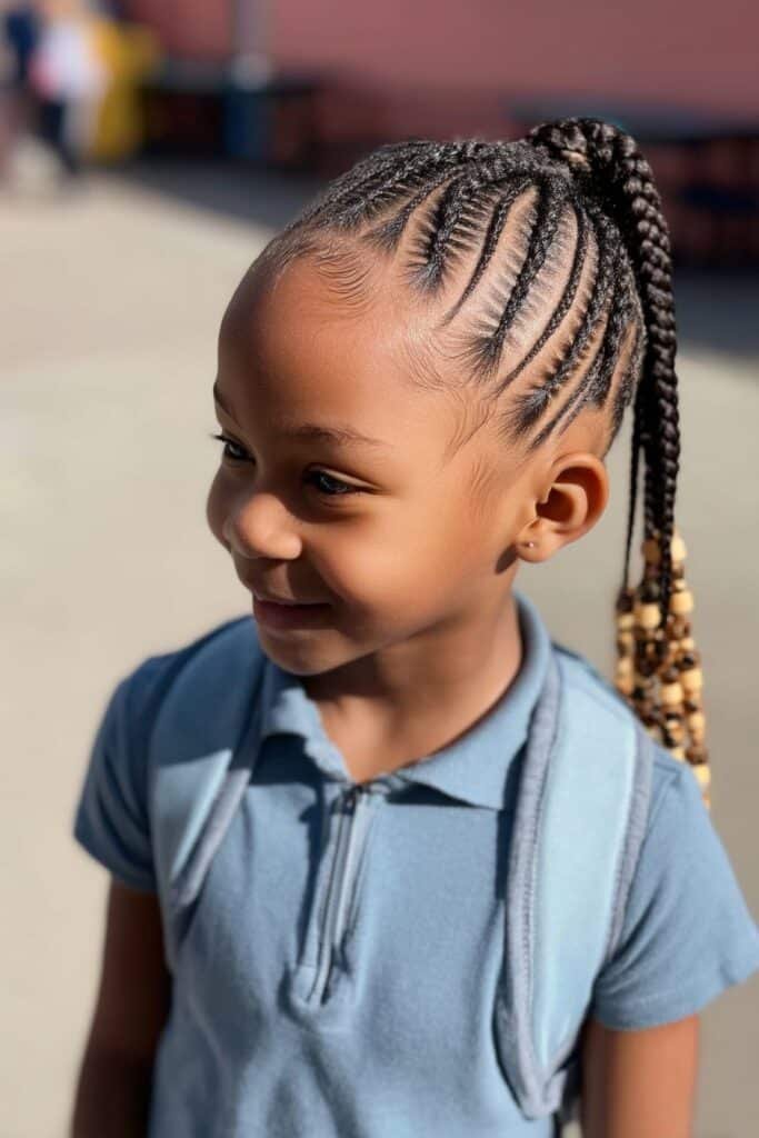 Toddler girl with neat cornrows pulled into a beaded ponytail in an outdoor playground setting.