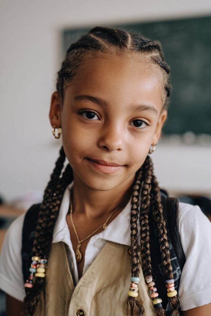 Cornrows with multicolor beads on a young girl, classroom background, clean and soft lighting, neat and cute hairstyle focus