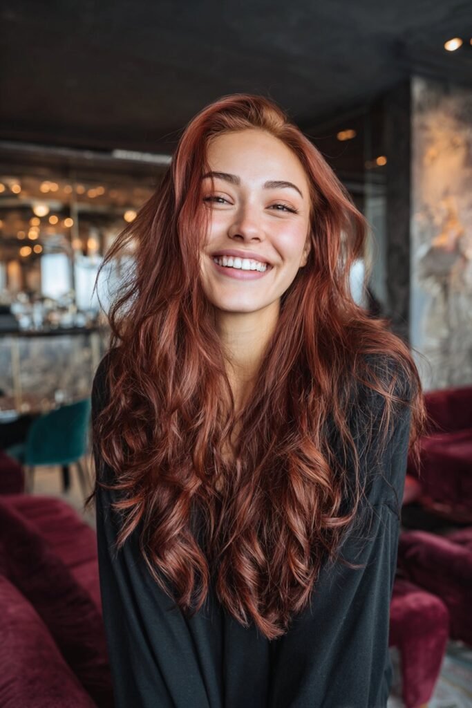 Woman in her 20s with cranberry spritz red hair, glossy berry tones styled in soft waves inside a chic cocktail lounge.