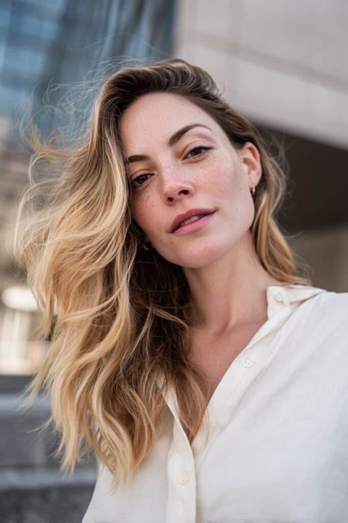 Woman in her 20s flipping her hair gently to the side to showcase creamy blonde balayage blend in an urban outdoor setting.