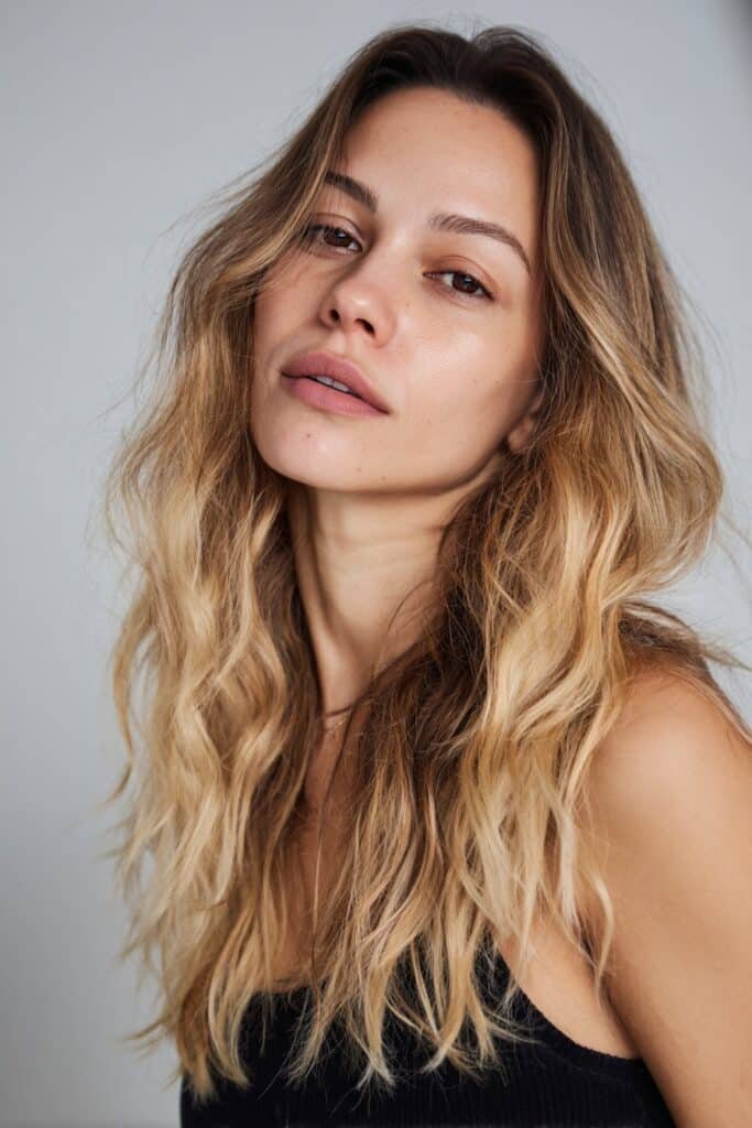 Woman in her 20s brushing hair over one shoulder to showcase delicate babylights in creamy blonde hair inside a bright studio.