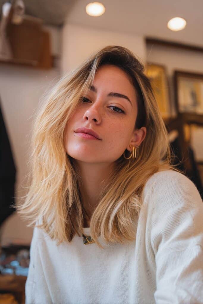 Woman in her 20s leaning slightly forward to highlight creamy blonde hair with face-framing highlights inside a boutique interior.