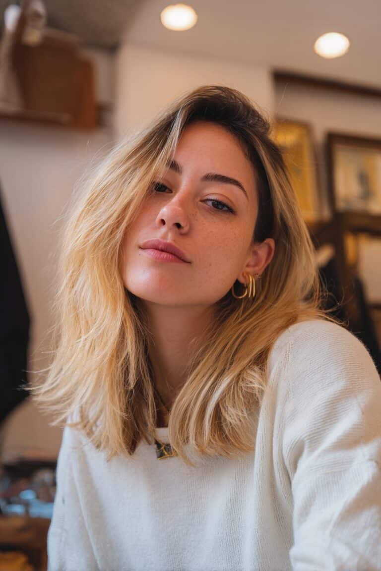 Woman in her 20s leaning slightly forward to highlight creamy blonde hair with face-framing highlights inside a boutique interior.