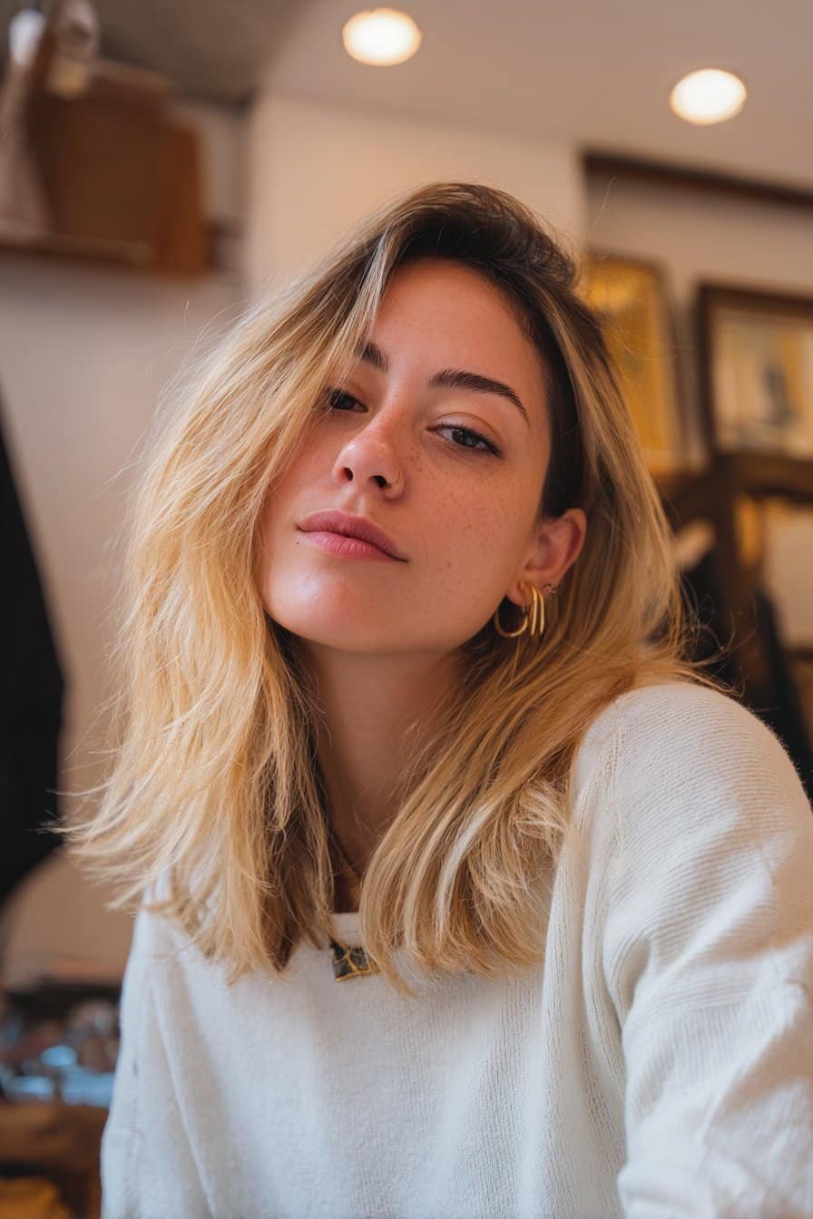 Woman in her 20s leaning slightly forward to highlight creamy blonde hair with face-framing highlights inside a boutique interior.