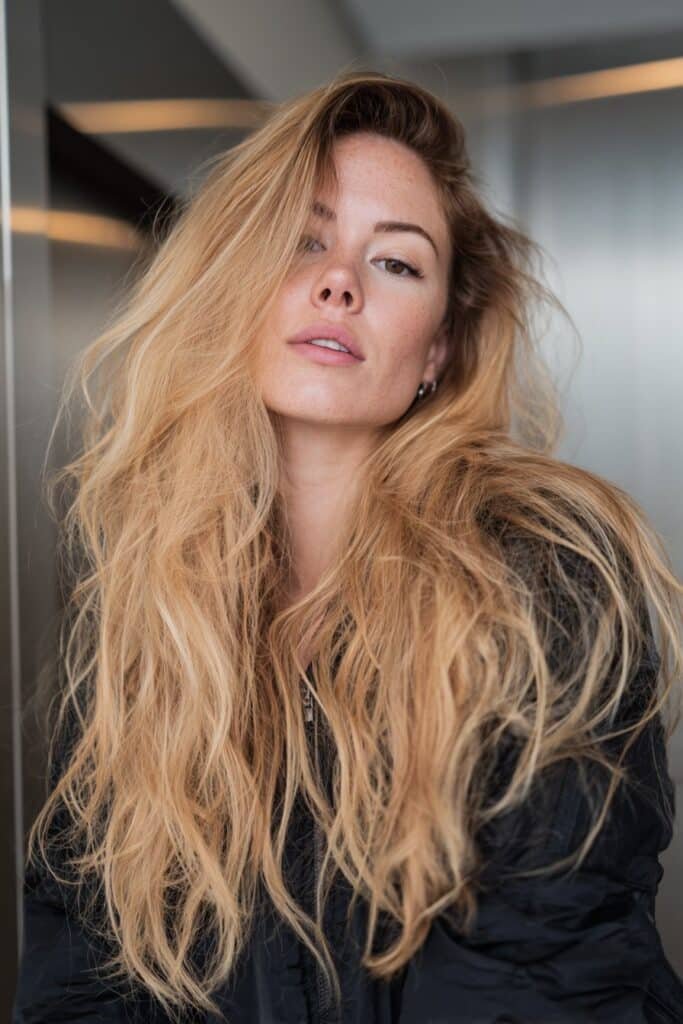 Woman in her 20s posing over the shoulder to highlight high-gloss creamy blonde hair in a sleek modern studio.