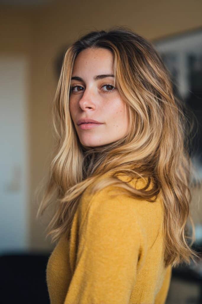 Woman in her 20s rotating her shoulders to reveal creamy blonde hair with golden lowlights in a stylish living room setting.
