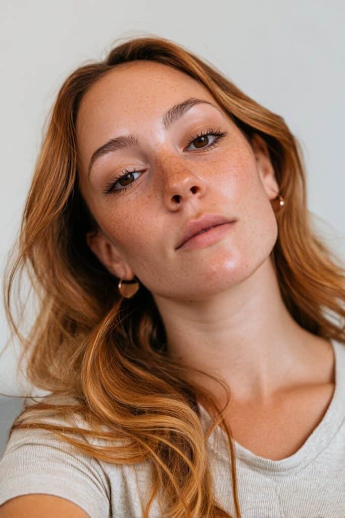 Woman in her 20s facing slightly upward to highlight creamy blonde hair with peach undertones in a softly lit modern studio.
