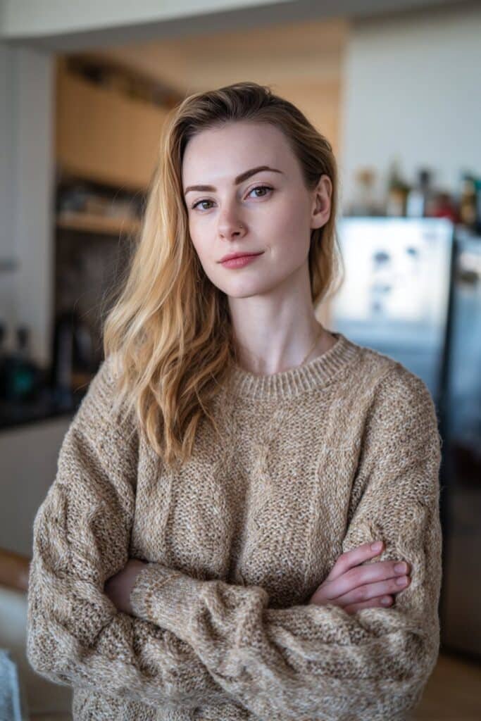 Woman in her 20s with creamy butter blonde hair, smooth and luminous texture captured inside a softly lit apartment.