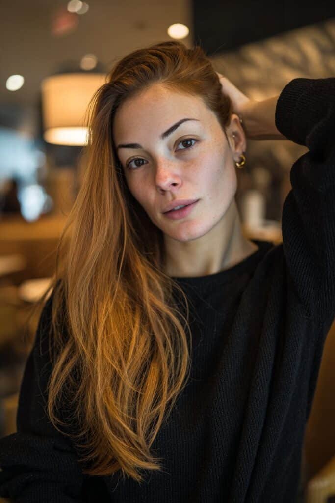 Woman in her 20s tucking hair behind one ear to reveal creamy caramel blonde tones in a softly lit indoor lounge.