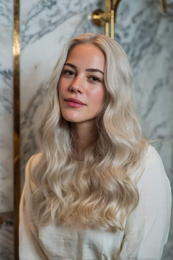 Woman in her 20s with creamy icy blonde waves, soft flowing curls highlighted in a marble bathroom with gold accents.