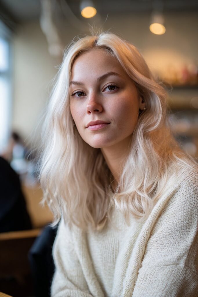 Woman in her 20s with creamy vanilla blonde hair, rich smooth texture and soft shine, captured in a cozy indoor café setting.