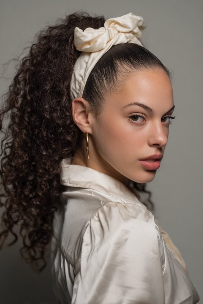 A close-up photo of a young elegant American woman with a crimped high ponytail and stretchy headband – ponytail hairstyles with headband series.