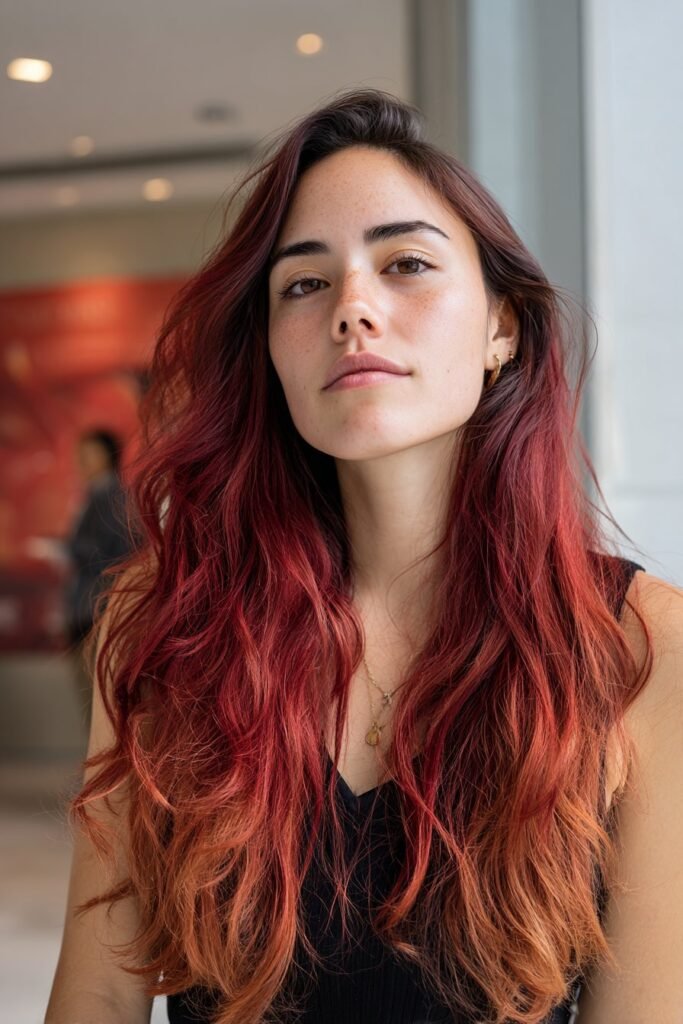 Front-facing chest-up portrait of a woman in her 20s wearing a crimson ombre hairstyle, displaying a smooth transition from dark roots to vivid red ends in an art gallery.