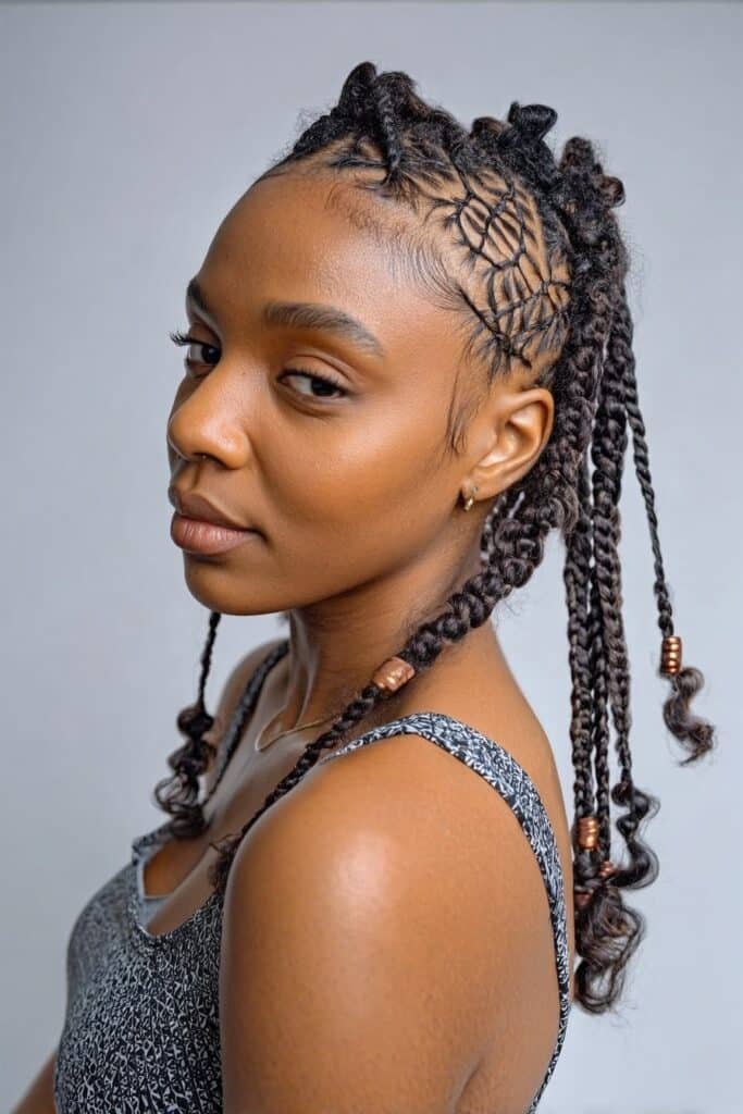 Three-quarter view of a woman in her 20s showcasing criss-cross short Fulani braids with beads woven into the braids, allowing the braided pattern to be clearly visible in a clean studio background.