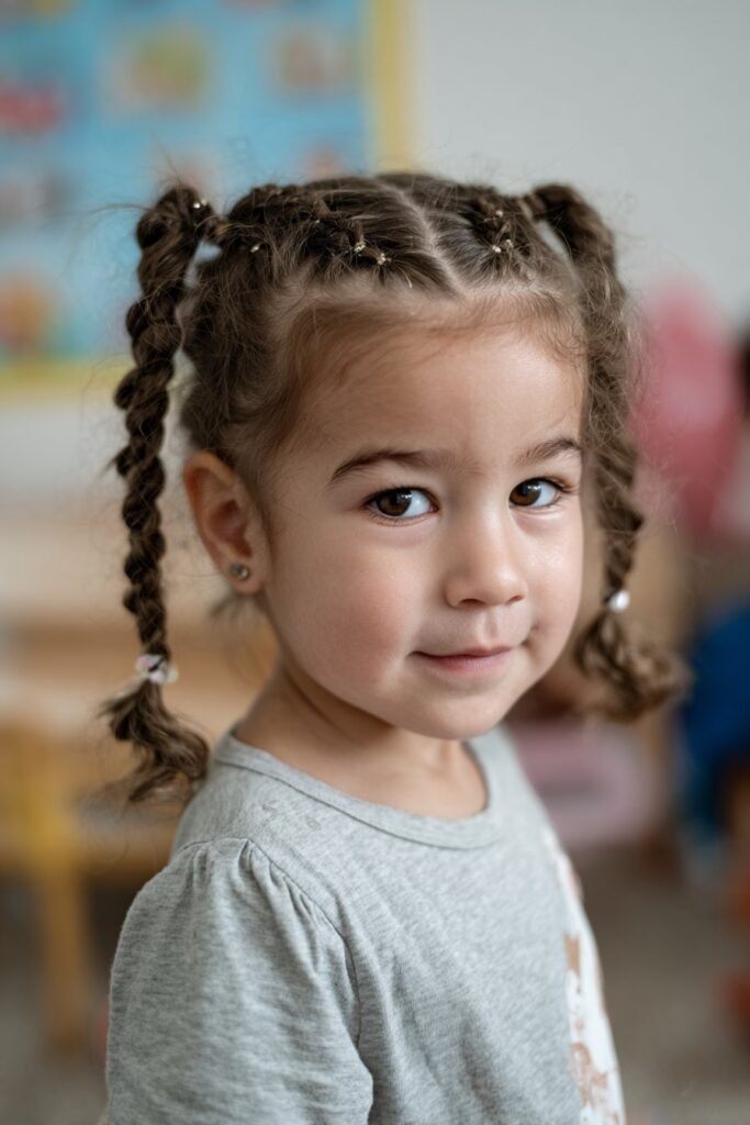 A toddler girl showcasing crisscross cornrows with beads, captured in bright classroom lighting.