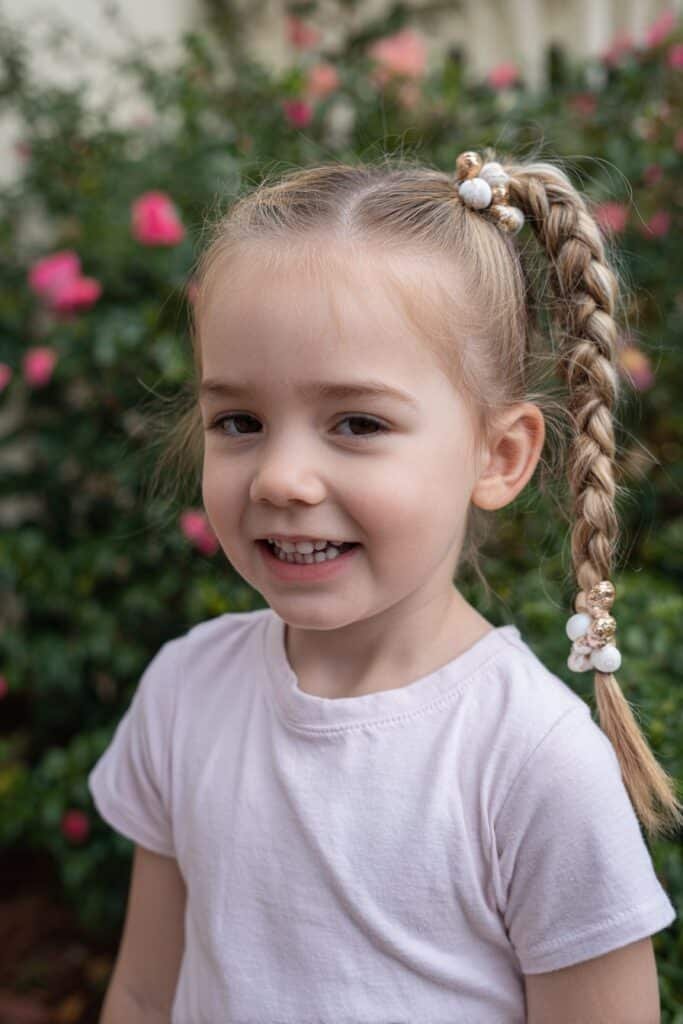 Toddler girl with crown braids feeding into a beaded ponytail in a floral garden.
