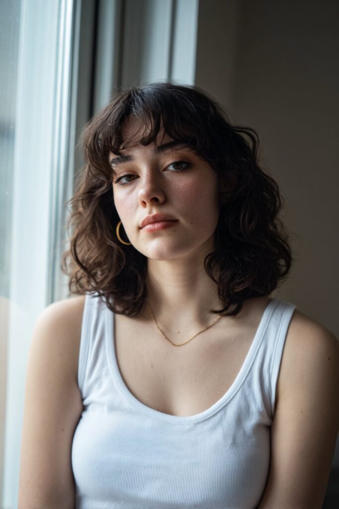 Young woman with thin fine wavy hair styled with curly bangs and mid-length waves near a bright window indoors.