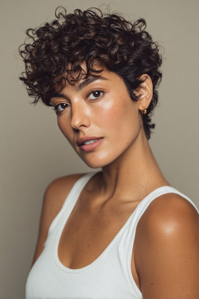 Chest-up front view of a woman in her 20s wearing a curly pixie cut, highlighting defined curls and volume in a neutral studio backdrop.