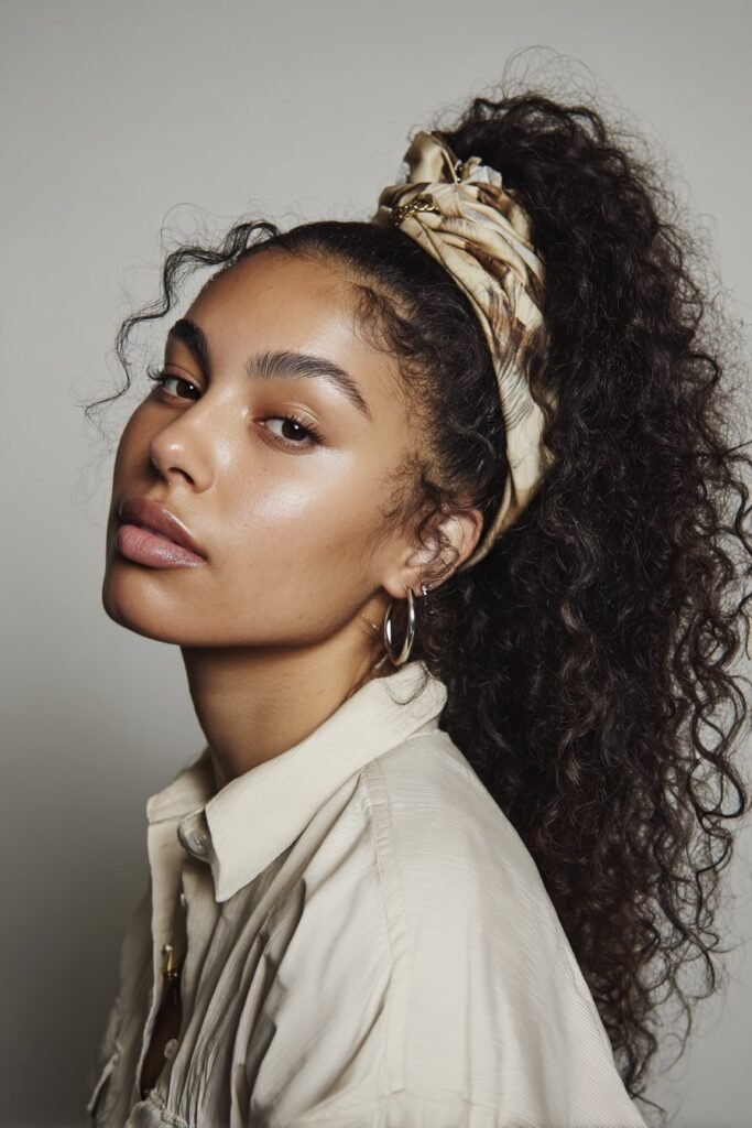 A close-up photo of a young elegant American woman with a bouncy curly ponytail and wide fabric headband – ponytail hairstyles with headband series.