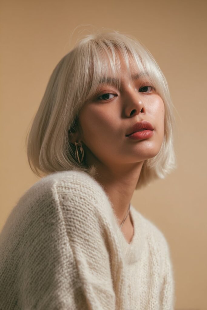 Young woman showcasing icy blonde hair with soft curtain bangs, face-framing layers photographed in a warm studio setting.
