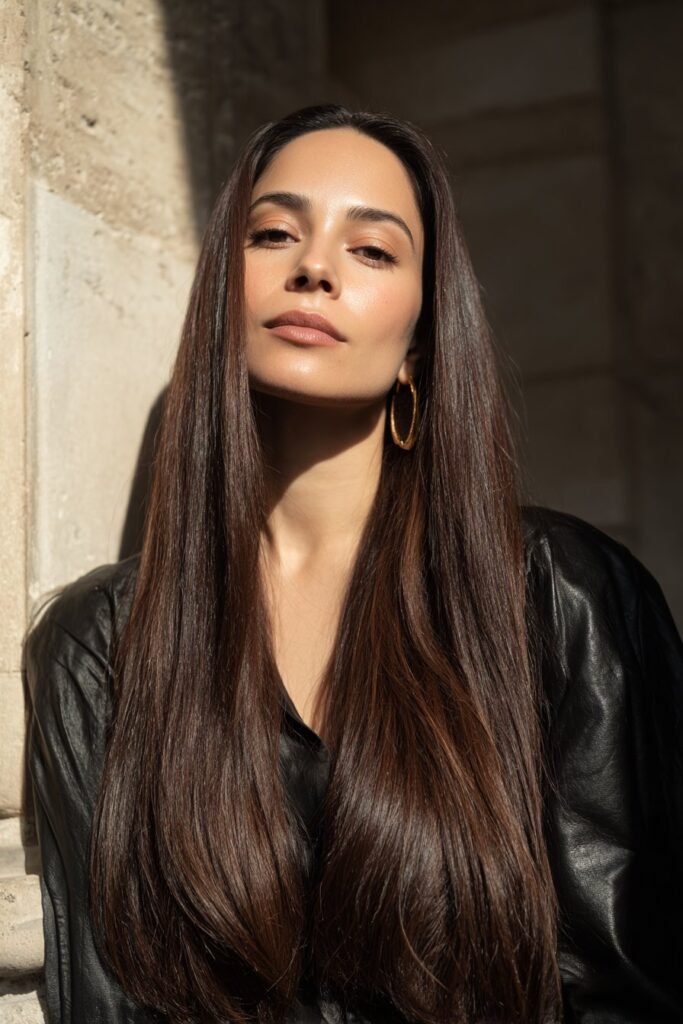Woman in her 20s with dark molten brunette hair, deep glossy tones styled sleekly in a dramatic stone interior.