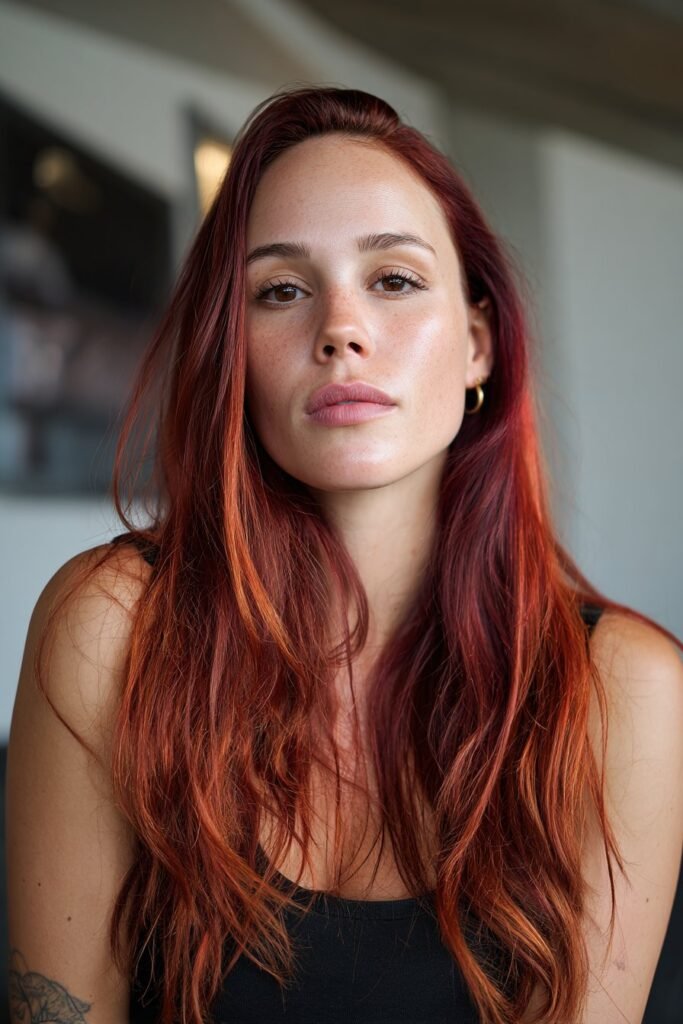 Chest-up front view of a woman in her 20s featuring deep red hair blended with dark roots, highlighting bold contrast in a modern loft interior.