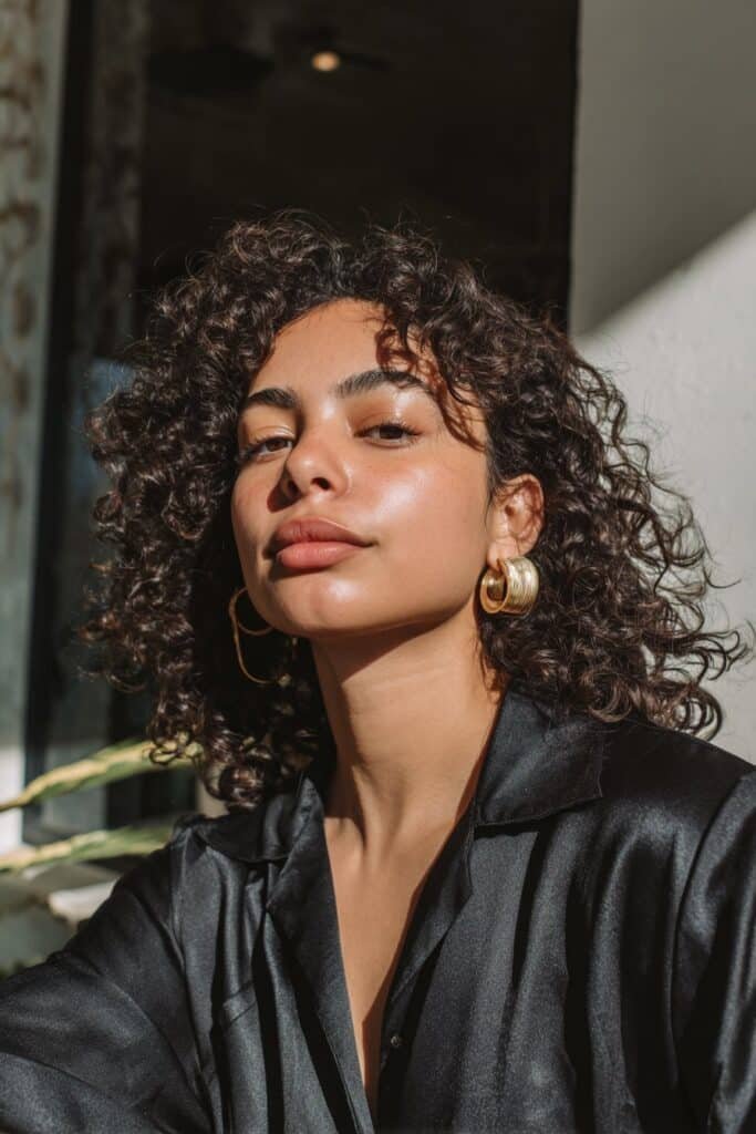 Young woman in her 20s with fine thin curly hair styled with a deep side part, satin blouse, sitting inside a cozy café.