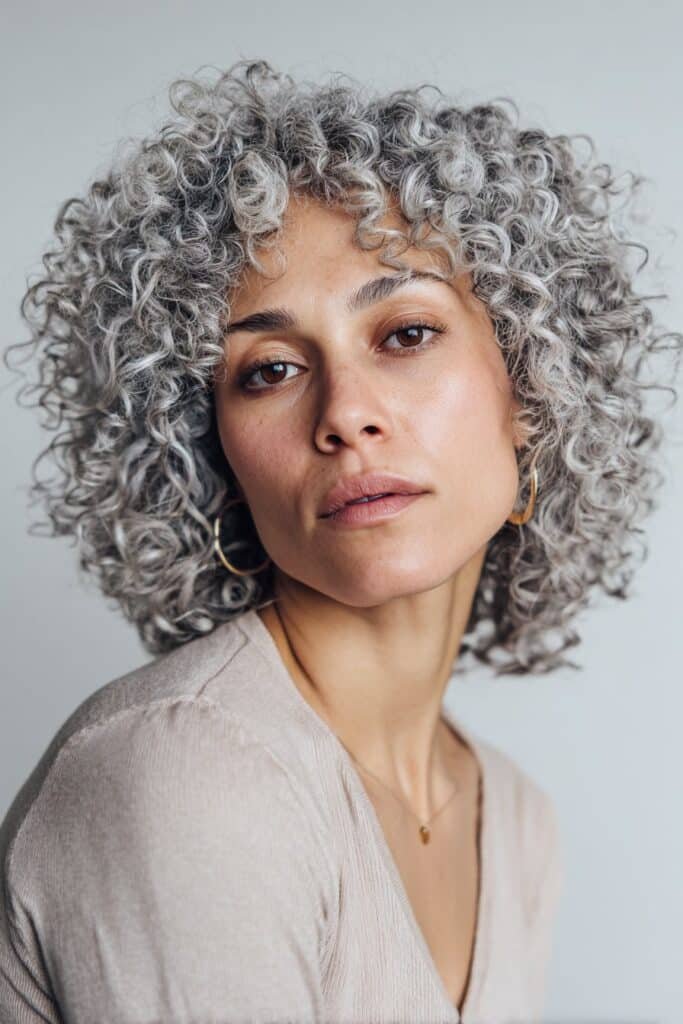 Young woman with defined platinum curls, tight icy blonde ringlets styled naturally in a bright indoor studio.