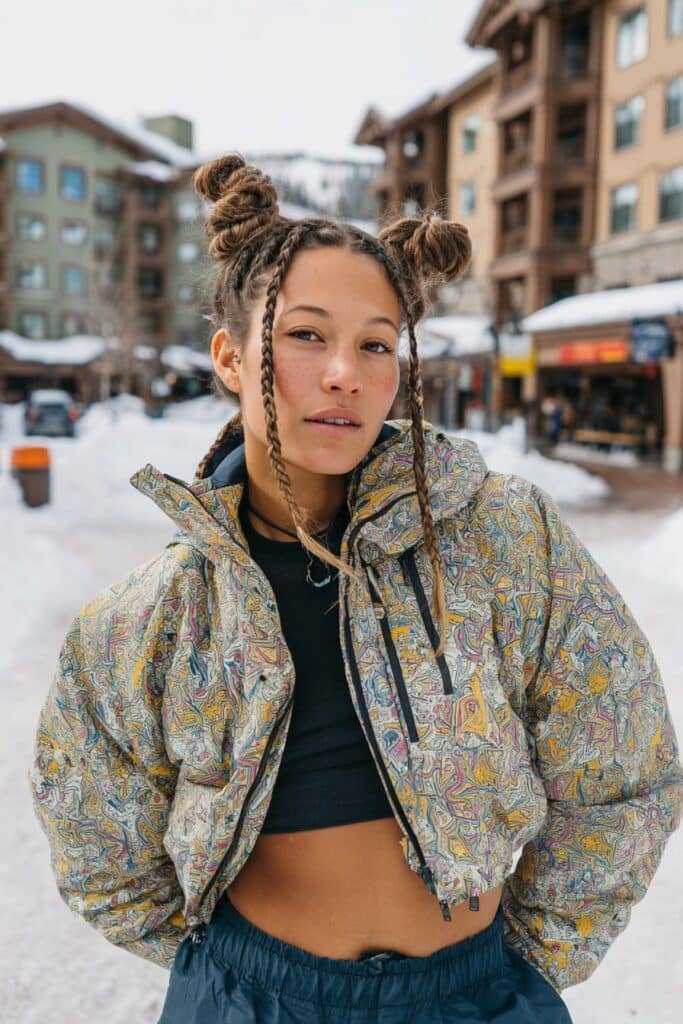 Front-facing winter sports portrait of a woman in her early 20s wearing double Dutch buns for snowboarding, energetic styling set in a colorful ski village scene.