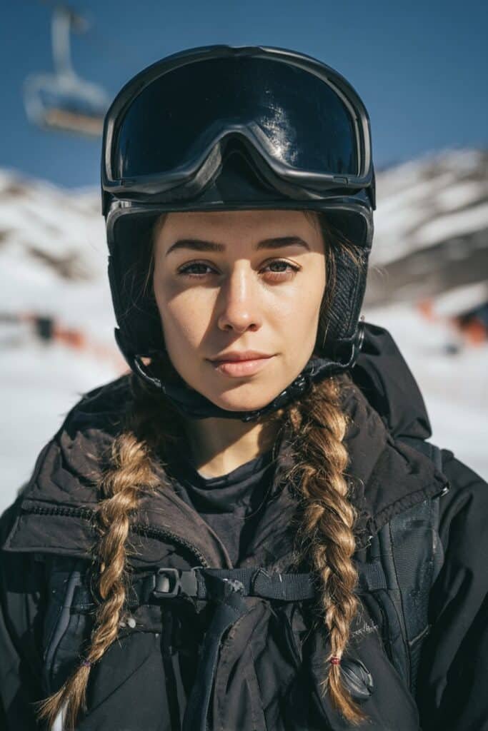 Front-facing image of a woman in her 20s wearing a ski helmet with double French braids, a classic and secure ski hairstyle.