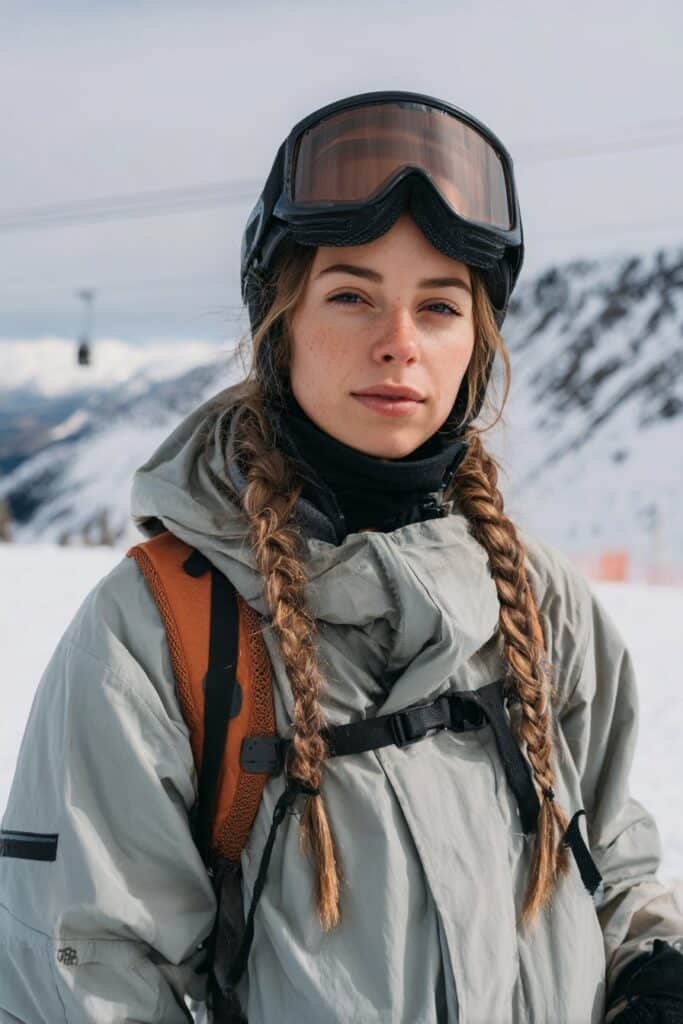 Front-view image of a woman in her 20s with classic Dutch braids, designed for snowboarding with raised braid texture and an alpine ski resort backdrop.